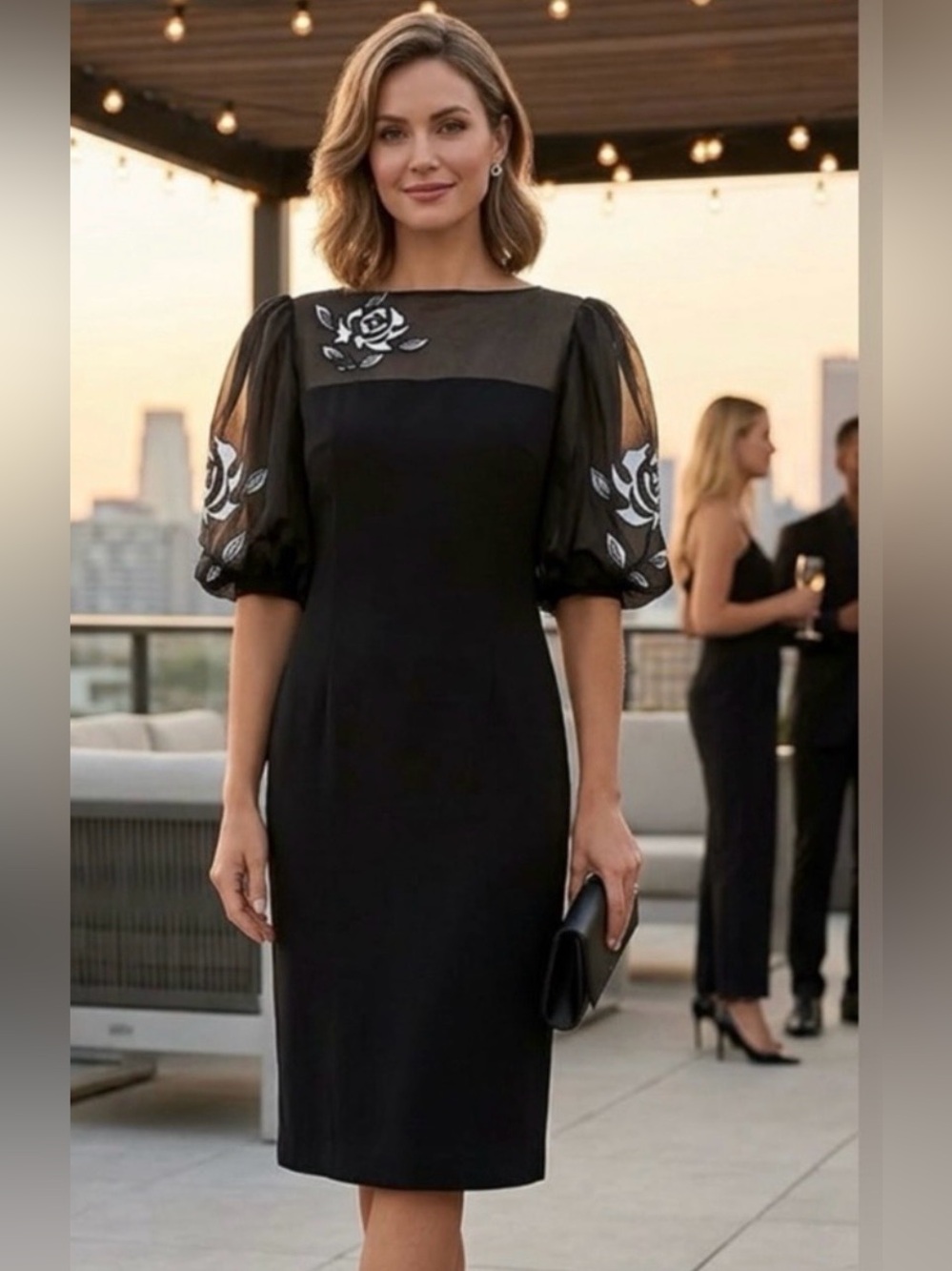 🆕🇨🇦 Vintage Black Formal Dress • White Beaded Floral Appliqué by Daymor Couture
